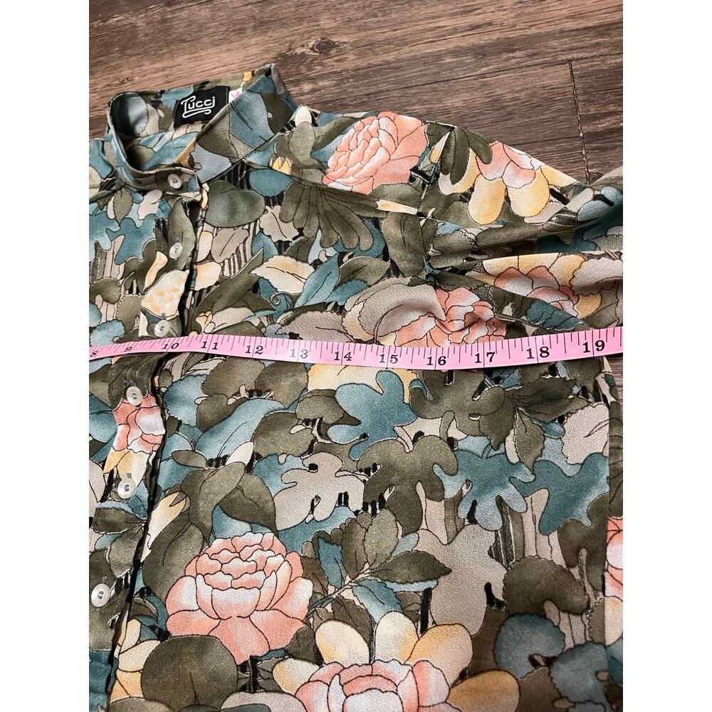 Vintage 70s Pucci Floral Blouse 9/10 Roll Tab Sleeve Boho Secretary Shirt Boho - Picture 9 of 11